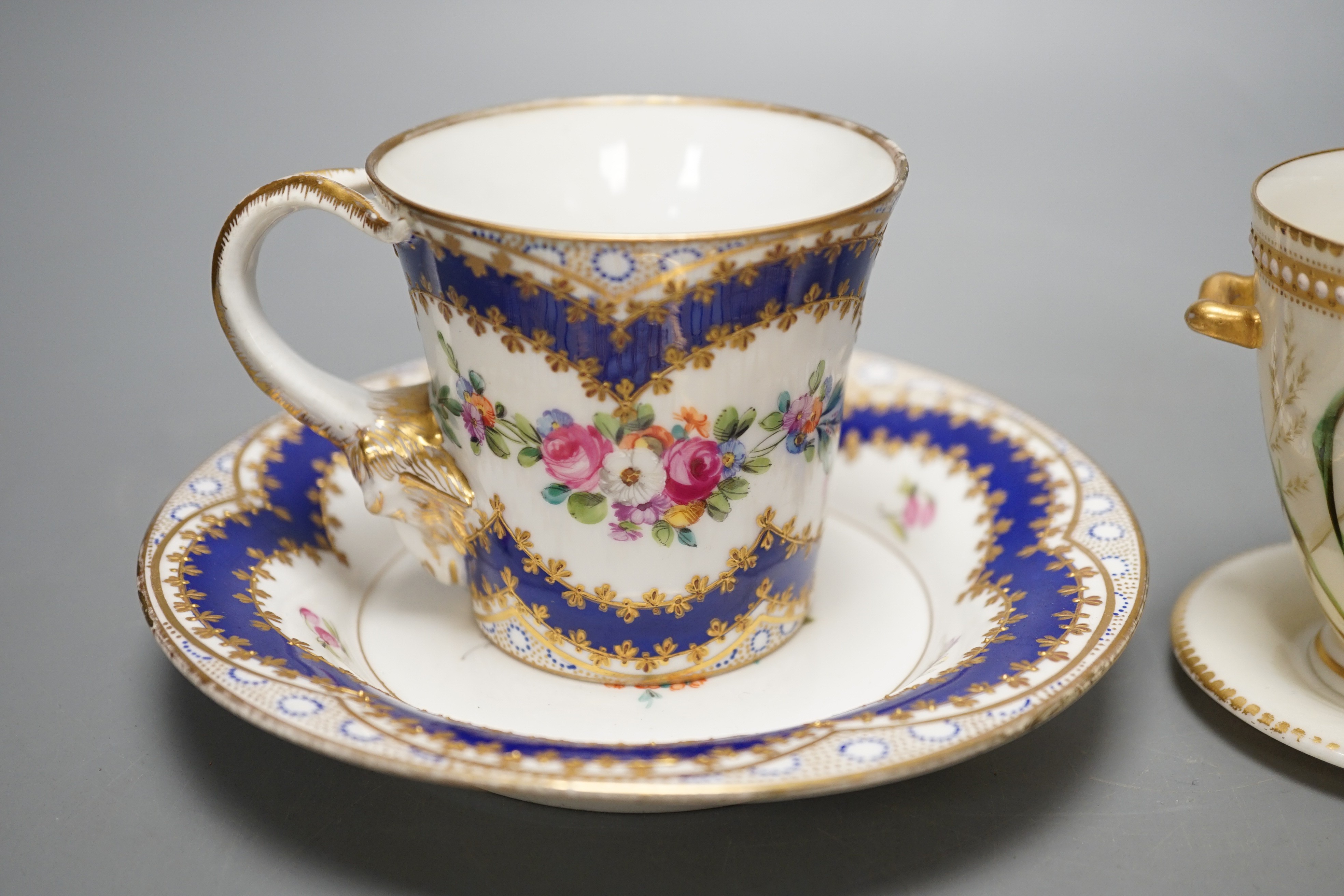 A late 19th century Royal Worcester cup and a Sevres style cup and saucer, diameter 16cm